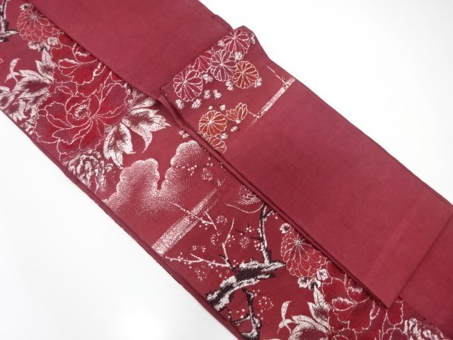  アンティーク　小鳥に牡丹・菊模様織り出し名古屋帯（着用可）